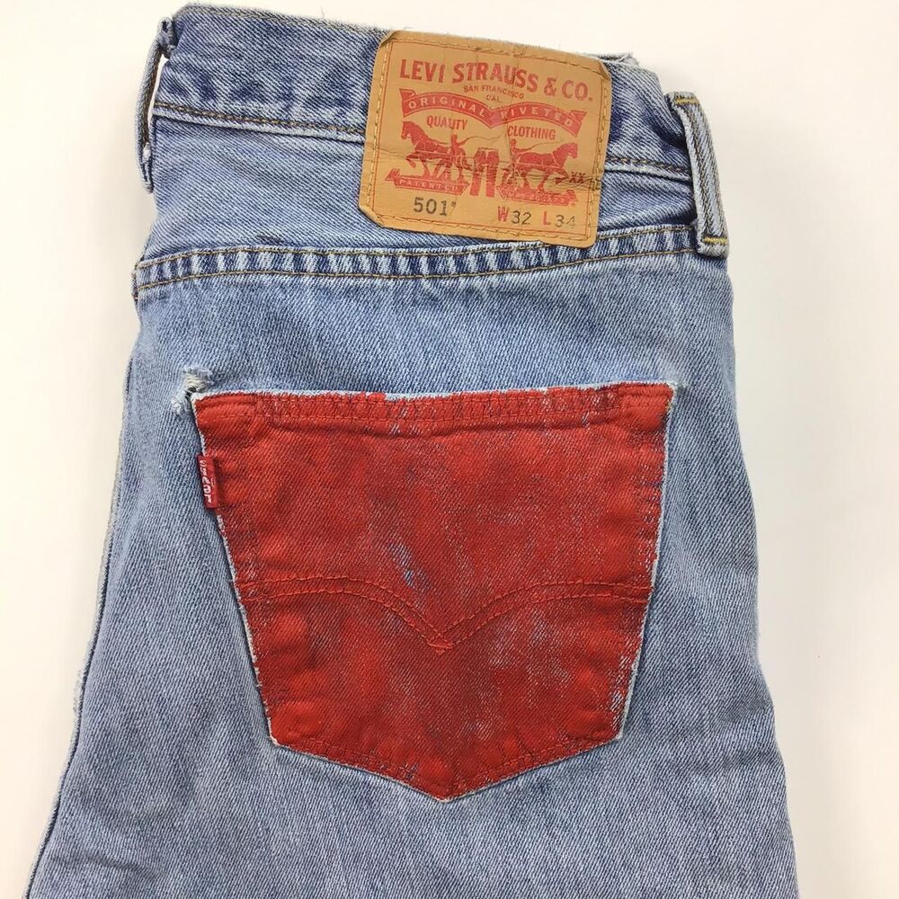 Levi's 501 32 x 34 embellished red pockets faded boho distressed festival button - Picture 3 of 4